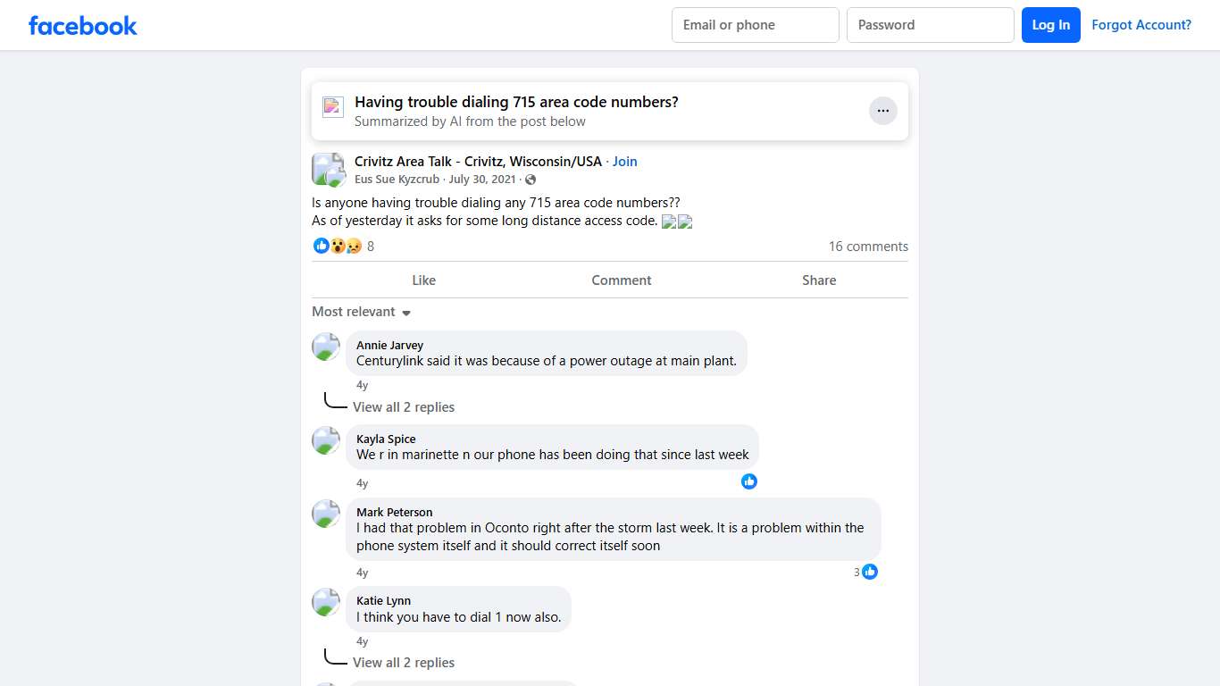 Crivitz Area Talk - Crivitz, Wisconsin/USA | Is anyone having trouble dialing any 715 area code numbers | Facebook