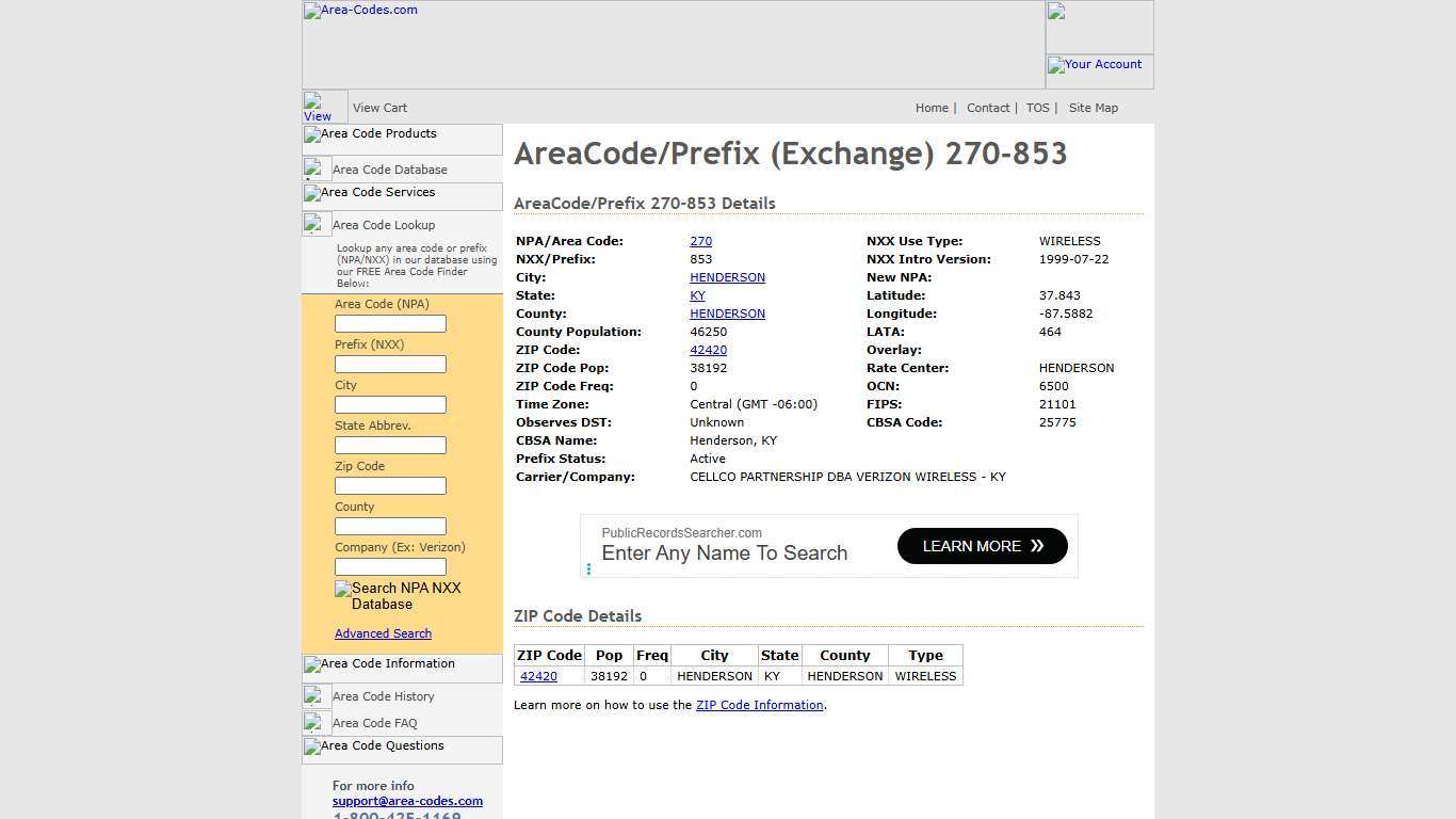 AreaCode/Prefix (Exchange) 270-853