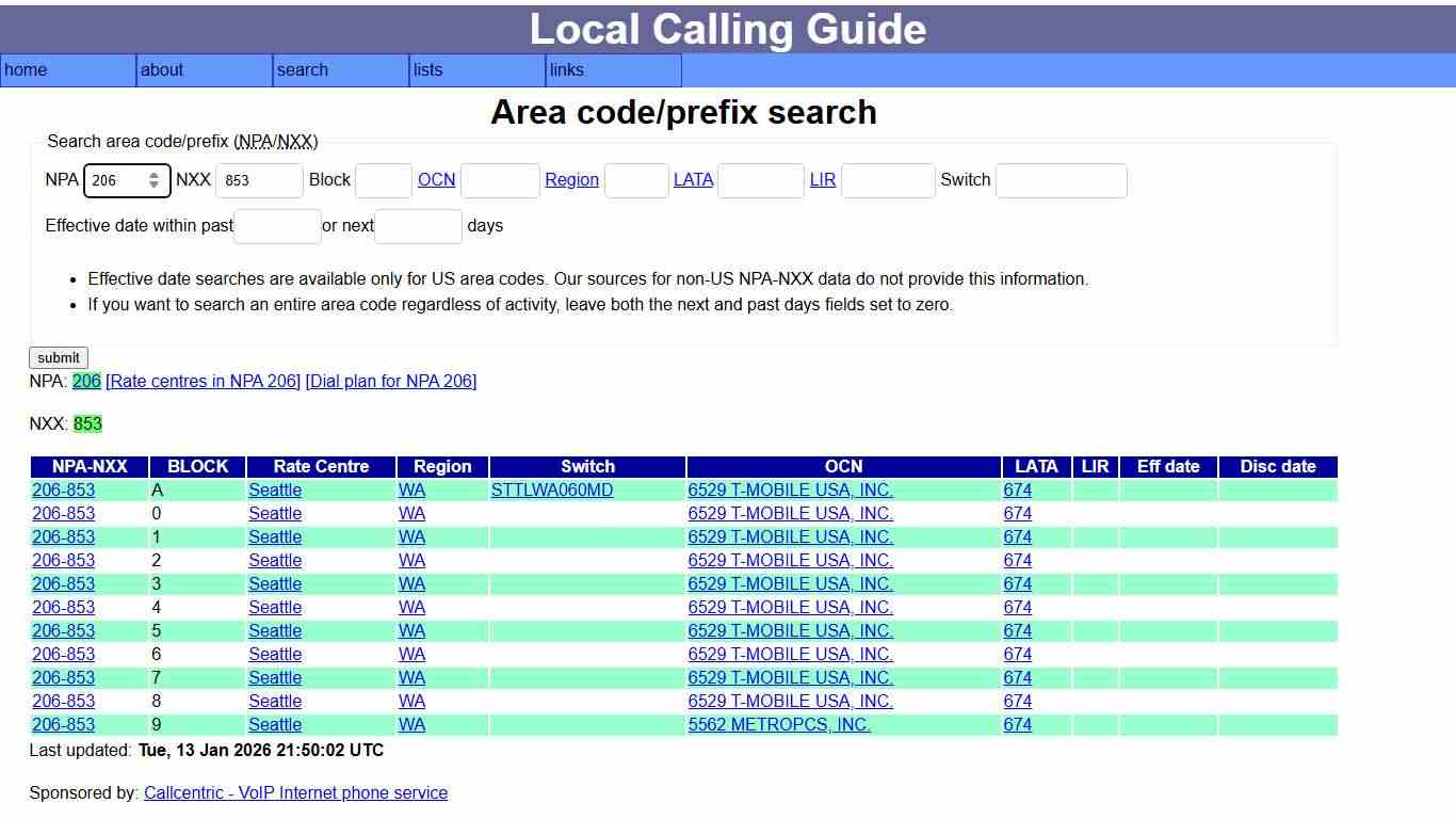 Local calling guide: NPA-NXX search