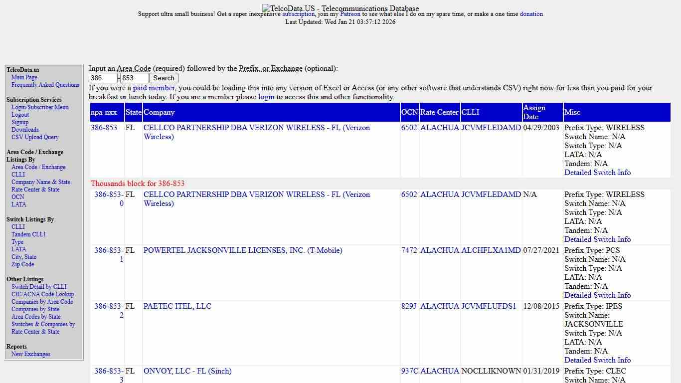 TelcoData.US: Search by Area Code / Exchange